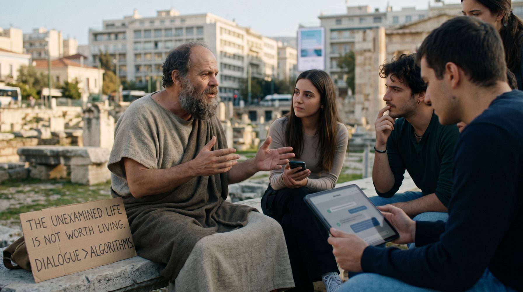 Socrates discussing dialogue with students using modern learning devices